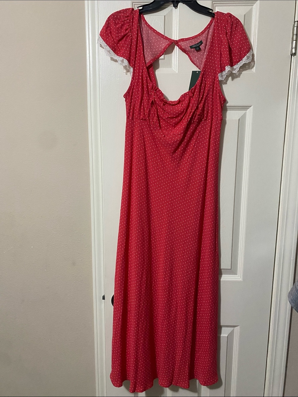 Women’s Wild Fable Red Polka Dot Maxi Dress with Puff Sleeves with Lace Trim